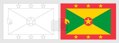 Grenada Flagge - Malvorlage. Set aus weißem Drahtgestell, dünner schwarzer Umrissfahne und original farbiger Flagge.
