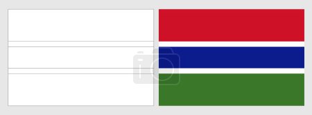 Gambia flag - coloring page. Set of white wireframe thin black outline flag and original colored flag.