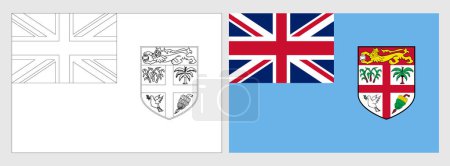 Bandera de Fiji - página para colorear. Conjunto de marco de alambre blanco delgada bandera de contorno negro y bandera de color original.