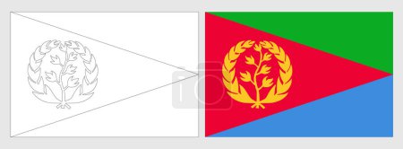 Eritrea flag - coloring page. Set of white wireframe thin black outline flag and original colored flag.