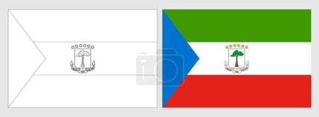Äquatorialguinea Flagge - Malvorlage. Set aus weißem Drahtgestell, dünner schwarzer Umrissfahne und original farbiger Flagge.