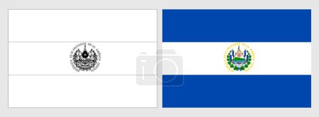 El Salvador flag - coloring page. Set of white wireframe thin black outline flag and original colored flag.