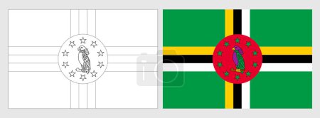 Dominica Flagge - Malvorlage. Set aus weißem Drahtgestell, dünner schwarzer Umrissfahne und original farbiger Flagge.