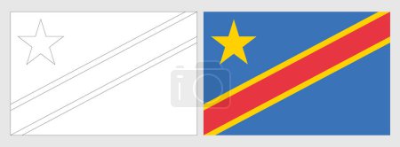 Drapeau de la République démocratique du Congo - coloriage. Ensemble de drapeau de contour noir mince wireframe blanc et drapeau coloré original.