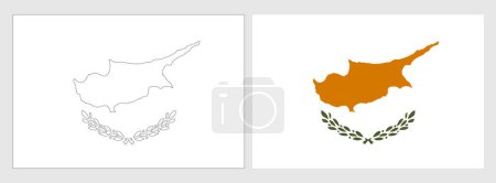 Zypern Flagge - Malvorlage. Set aus weißem Drahtgestell, dünner schwarzer Umrissfahne und original farbiger Flagge.