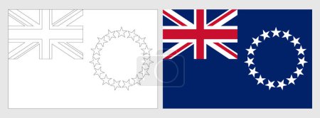 Cook Islands Flagge - Malvorlage. Set aus weißem Drahtgestell, dünner schwarzer Umrissfahne und original farbiger Flagge.