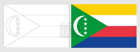 Comoros flag - coloring page. Set of white wireframe thin black outline flag and original colored flag.