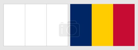 Tschad Flagge - Malvorlage. Set aus weißem Drahtgestell, dünner schwarzer Umrissfahne und original farbiger Flagge.