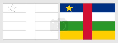 Drapeau République centrafricaine - page à colorier. Ensemble de drapeau de contour noir mince wireframe blanc et drapeau coloré original.