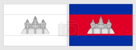 Drapeau Cambodge - coloriage. Ensemble de drapeau de contour noir mince wireframe blanc et drapeau coloré original.