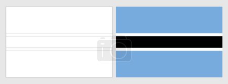 Botswana flag - coloring page. Set of white wireframe thin black outline flag and original colored flag.