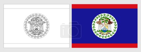 Belize flag - coloring page. Set of white wireframe thin black outline flag and original colored flag.