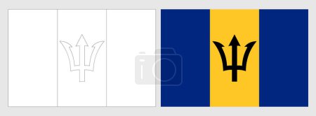 Barbados flag - coloring page. Set of white wireframe thin black outline flag and original colored flag.