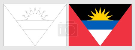 Antigua und Barbuda Flagge - Malvorlage. Set aus weißem Drahtgestell, dünner schwarzer Umrissfahne und original farbiger Flagge.