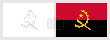 Angola Flagge - Malvorlage. Set aus weißem Drahtgestell, dünner schwarzer Umrissfahne und original farbiger Flagge.