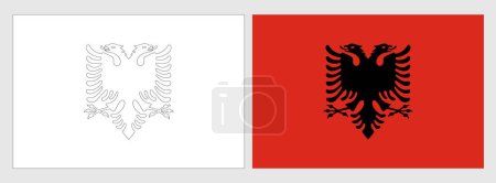 Albanien Flagge - Malvorlage. Set aus weißem Drahtgestell, dünner schwarzer Umrissfahne und original farbiger Flagge.