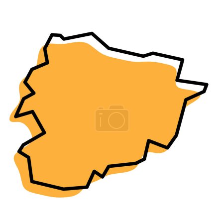 Andorra country simplified map. Orange silhouette with thick black sharp contour outline isolated on white background. Simple vector icon