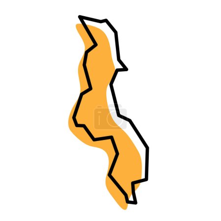 Malawi país mapa simplificado. Silueta naranja con grueso contorno negro afilado aislado sobre fondo blanco. Icono de vector simple