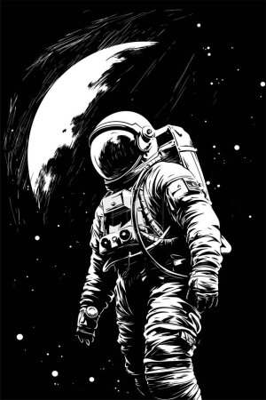 Photo for An astronaut floating in the void. behind the astronaut can see a piece of the moon black and white simple sketch. - Royalty Free Image