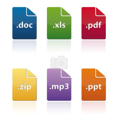 Foto de Iconos coloridos en magenta, azul eléctrico con diseño de patrones, que representan doc, xls, pdf, zip, mp3, y archivos ppt. Cada icono es un logotipo de marca único que se muestra en una captura de pantalla - Imagen libre de derechos