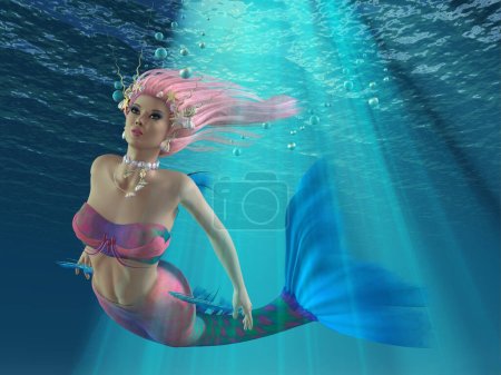 Photo for Turmaline the Mermaid swims underwater through rays of sunshine along with blue bubbles. - Royalty Free Image