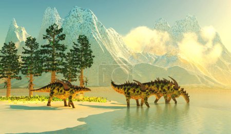 Foto de A herd of armored Gigantspinosaurus dinosaurs come down to a lake for a morning drink in the Jurassic Period of China. - Imagen libre de derechos