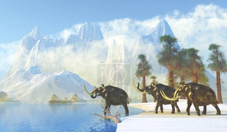 Téléchargez les photos : Winter thawing brings a herd of Woolly Mammoths down to drink from a lake during the Pleistocene Period. - en image libre de droit