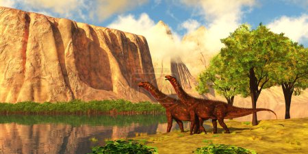 Foto de A massive plateau overlooks a luscious valley full of vegetation and two Mierasaurus sauropod dinosaurs. - Imagen libre de derechos