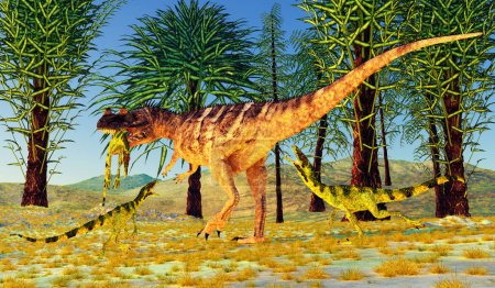 Foto de Un terópodo carnívoro Ceratosaurus dinosaurio mata a un Juravenator más pequeño durante el Período Jurásico. - Imagen libre de derechos