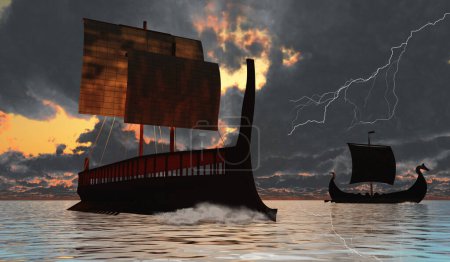Téléchargez les photos : A Viking longboat sails to their destinations for trade goods as a thunderstorm comes their way. - en image libre de droit