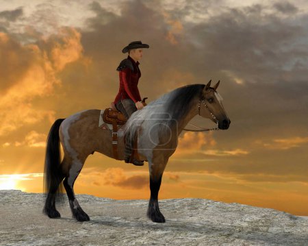 Téléchargez les photos : Un cow-boy et son cheval Quarter se tiennent sur une falaise reposant. - en image libre de droit
