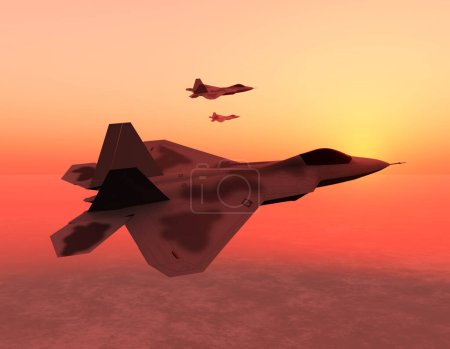 Téléchargez les photos : Sunset trouve une unité d'escadron de chasseurs F-22 en patrouille au-dessus de l'environnement. - en image libre de droit