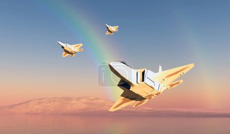 Téléchargez les photos : Un arc-en-ciel trouve une unité d'escadron de chasseurs F-22 en patrouille dans l'environnement. - en image libre de droit