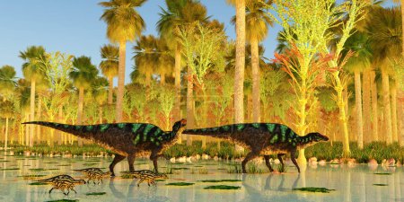 Photo for Two Maiasaura Hadrosaur dinosaurs escort their young across a swamp during the Cretaceous Period. - Royalty Free Image