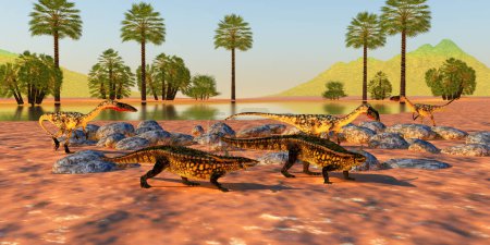 Téléchargez les photos : Une meute de chasse à la coelophyse entoure deux dinosaures blindés Desmatosuchus durant la période triasique. - en image libre de droit
