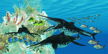 Téléchargez les photos : Shonisaurus Ichthyosaurs nagent parmi les poissons entourant un récif sous-marin. - en image libre de droit