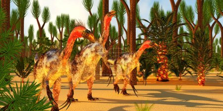 Téléchargez les photos : Therizinosaurus théropodes dinosaures chasse les proies parmi les Sigillaires Arbres. - en image libre de droit