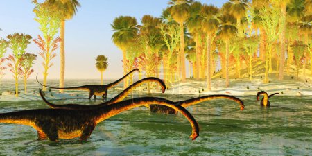 Foto de Una manada de dinosaurios saurópodos Barosaurus se alimentan de plantas de humedales durante el Período Jurásico. - Imagen libre de derechos