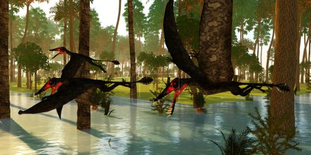 Téléchargez les photos : Un troupeau de Dorygnathus Pterosaurs fouille une forêt inondée à la recherche de poissons ou d'animaux comme proies pendant la période jurassique. - en image libre de droit