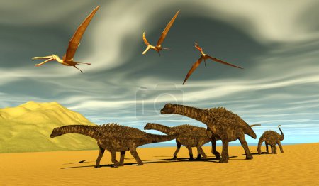 Téléchargez les photos : Un troupeau de dinosaures Ampelosaurus traverse une plage pendant la période du Crétacé alors que les Anhanguera Pterosaurs volent au-dessus de leurs têtes. - en image libre de droit