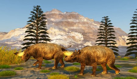 Téléchargez les photos : Arsinoitherium était un mammifère lourd ressemblant à un rhinocéros qui vivait en Afrique au début de l'oligocène.. - en image libre de droit