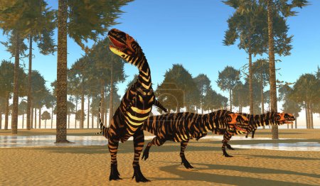 Téléchargez les photos : Une meute de dinosaures théropodes carnivores Rajasaurus sur la piste des proies pendant la période du Crétacé. - en image libre de droit