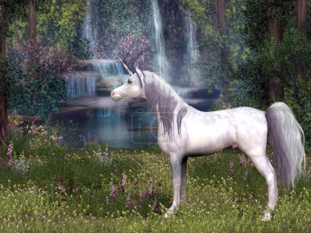 Téléchargez les photos : Un étalon magique de licorne blanche se dresse devant un étang forestier avec des cascades d'eau brillante
. - en image libre de droit