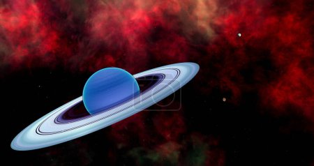 Téléchargez les photos : Cette planète néptune chaude bleue avec un système anneau et lune est une exoplanète en dehors de notre système solaire. - en image libre de droit