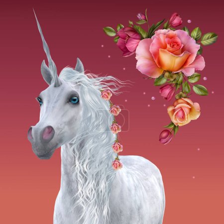 Téléchargez les photos : Des roses pêche et rose décorent une belle licorne blanche légendaire. - en image libre de droit