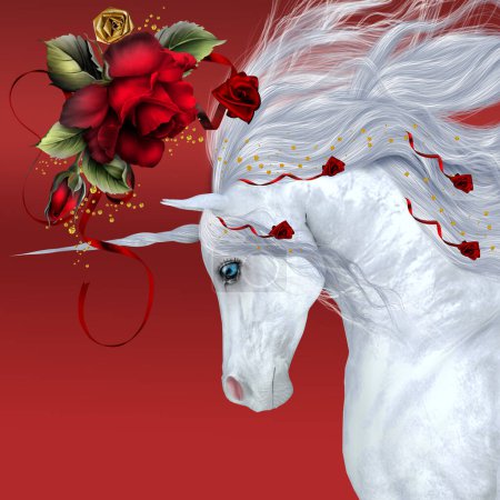 Téléchargez les photos : Une belle licorne blanche est décorée de rubans rouges et de roses. - en image libre de droit