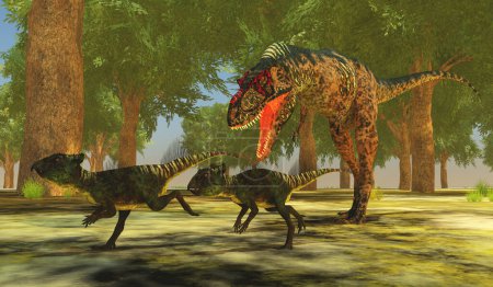 Le théropode Albertosaurus court après quelques Archéocératops herbivores durant la période du Crétacé en Amérique du Nord.