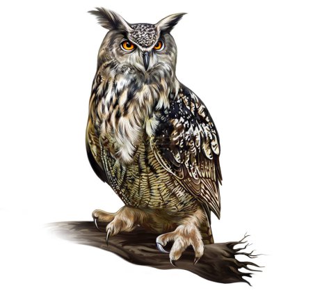 Photo for Eagle owl, Bubo, large bird of prey, realistic drawing, isolated image on white background - Royalty Free Image