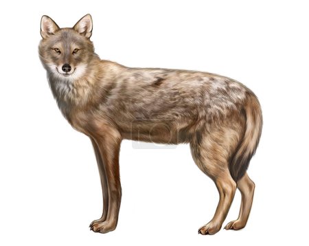 Schakal, Canis aureus, realistische Zeichnung, Illustration für Tierlexikon, isoliertes Bild auf weißem Hintergrund