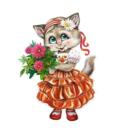 Téléchargez les photos : Funny cartoon cat in clothes with a bouquet of flowers, Ukrainian vyshyvanka, isolated character on a white background - en image libre de droit